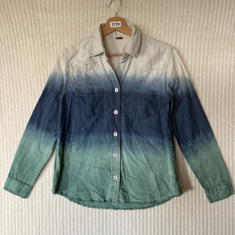 Free People Ombre Button Down Long Sleeve 100% Cotton Shirt Seascape Size XS
